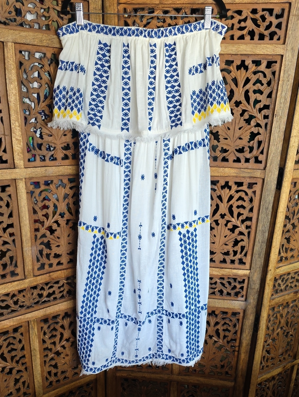 Free People White Midi Dress with Blue and Yellow Embroidery